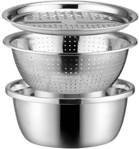 Tazón de lavado de frutas con colador y cortador, 3pcs colador de acero inoxidable para pasta, fruta, vegetales