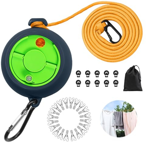 Vlecexs Filo stendibiancheria estensibile, 10 m, portatile, da campeggio, da viaggio, con 10 fibbie fisse e 20 mollette, per campeggio, bagno, lavanderia, giardino, hotel