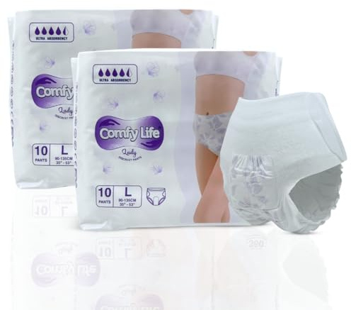 Comfy Life Lady Pants for Women – Menstrual, Incontinence & Maternity Postpartum Underwear | Adult Nappies with Elastic Waistband, Adjustable Tape, ADL & Tospin Lift – Large 2 Pack (20 Pcs)