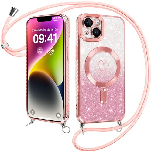 ZhuoFan Magnetica Custodia per iPhone 15 6,1 con Cordino, Glitter Sfumato Case Compatibile con MagSafe Trasparente Aesthetic Motivo Cuore Disegni Cover Fotocamera Protezione con Collana,Rosa