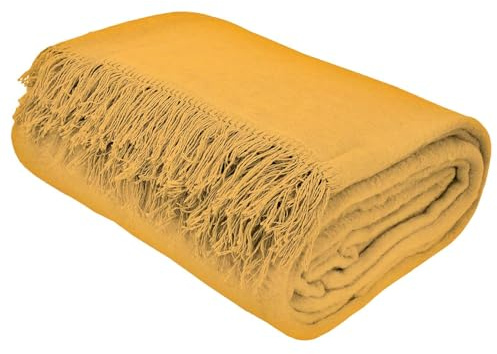 DARYmex Baumwolldecke mit Fransen 150 x 200 cm - Senfgelb - Weiche Kuscheldecke - Warme, Dicke Wohndecke - Sofaüberwurf