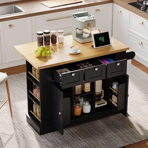 Merax Kitchen Island on Wheels, Dropleaf Trolley with Foldable Countertop,Spice Rack,Integrated Socket & Charging Station,Rolling Storage Cart for Kitchen, Dining,132 x 44(70) x 87 cm,Black