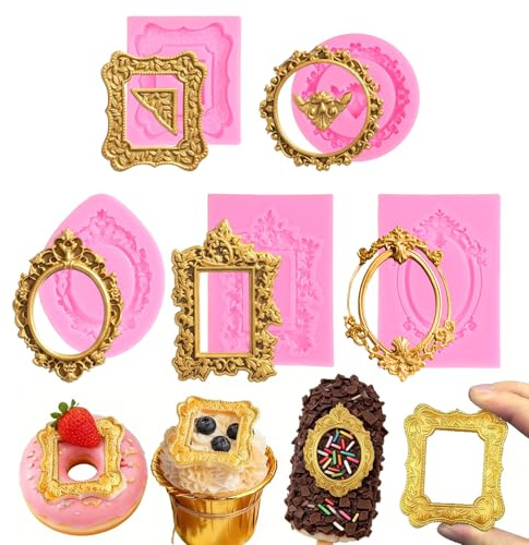 5 Pcs Chocolate Frame Molds, Baroque Style Frame Molds for Chocolate, Silicone Moulds for Cake, Candy, Donut, Fondant Decoration, and Clay Craft Making (Pink)