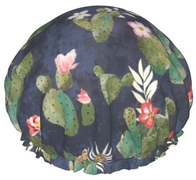 watercolour cactus Print Shower Cap for Women & Men - Reusable, Double Layer, Breathable, Hair Bath Cap L