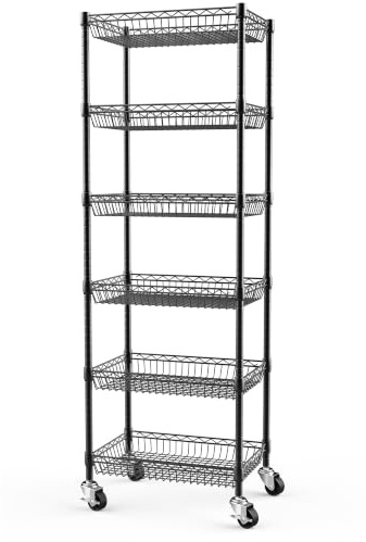 Himimi 6-Etagen Metall Regal mit Rollen Höhenverstellbares Freistehend Drahtkorb Organizer für Küche, Badezimmer, Schlafzimmer, Wohnzimmer 43 * 30 * 165 cm Schwarz