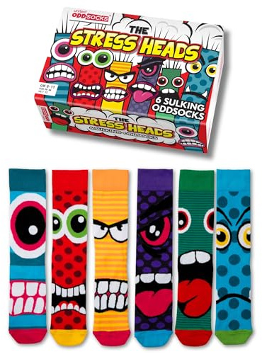 United Oddsocks The Stress Heads presentbox, 6 sura Mix & Match-strumpor för herr, roliga strumpor med monster-motiv, färgglad presentidé för födelsedag, fars dag & jul, EU 39–46, UK 6–11, US 7–12 | Oöverträffad med färgglada monster, bomullsstrumpor för män att mixa och matcha, rolig presentidé, storlek EU 39–46