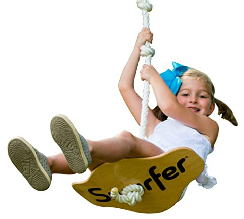 Swurfer Swift - Maple Wood Disc Swing for Kids Ages 4 and Up, Holds up to 150 Pounds - Includes 18 Curved Seat Swing with Heavy Duty Braided Rope, Brown