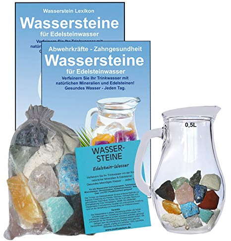 Wassersteine EDELSTEINWASSER Set 300g EDELSTEINE zum energetisieren. Steine für MINERALIEN & SPURENELEMENTE + 0,5L Glaskrug. 5-tlg Set zur Wasseraufbereitung, Wasserenergetisierung. 90044-1