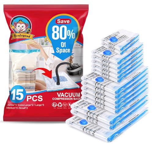 BoxLegend Sacchetti Sottovuoto Vestiti 15 Pezzi Tipo Spesso Sacchetti Sottovuoto 1XXL + 2XL + 5L + 5M + 2S Riutilizzabili per Contenere Coperte Vestiti Lenzuola Piumoni Cuscini Marca