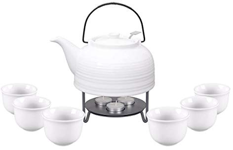 Teeservice „Nelly“. Moderne Teekanne 1,5 Liter in weiß-weiß aus hitzebeständiger Keramik mit Edelstahlfilter, 6 Teecups 120ml in weiß-weiß und Metall-Stövchen.