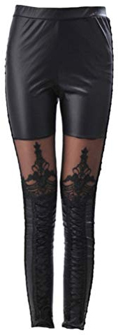PRETYZOOM Gothic Punk, Pantaloni a Tubo, in Pelle, Leggings in Pizzo, Leggings a Vita Alta, per Donna (Nero), Nero,