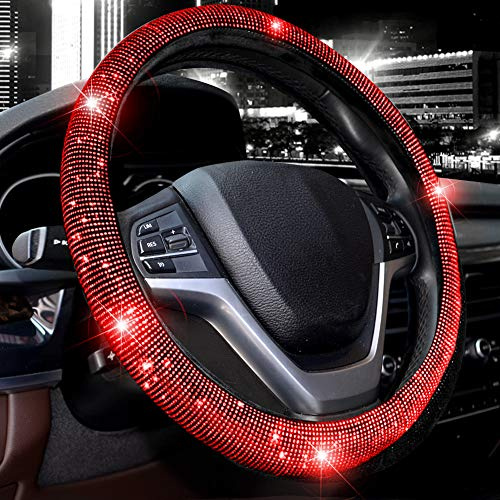 Valleycomfy Funda para Volante para Mujer, con Cristales Brillantes y Brillantes, para Coche, SUV, Ajuste Universal, 38cm, Rojo