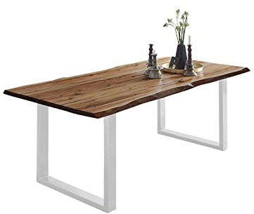SAM Esszimmertisch 140x80 cm Noah, echte Baumkante, Esstisch aus Akazienholz naturfarben & massiv, U-Gestell in Weiß, Baumkantentisch mit 26 mm Platte