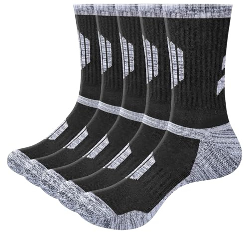 OUYJIA Mens Socks Moisture Wicking Terry Cushioned Walking Sports Sock Anti-Odor Work Socks For Men, Padded Boot Socks, Multipack, 5 Pairs
