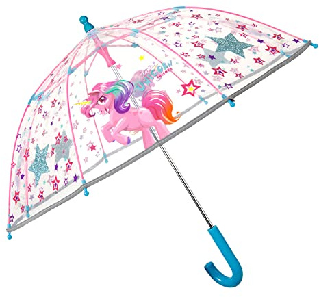 p:os 76988088 - Cool Kids Unicorn- Regenschirm für Kinder mit Einhorn-Motiv, transparent, windfest, Stockschirm mit Automatik-Öffnung und stabilem Fiberglasgestell, Durchmesser ca. 64 cm