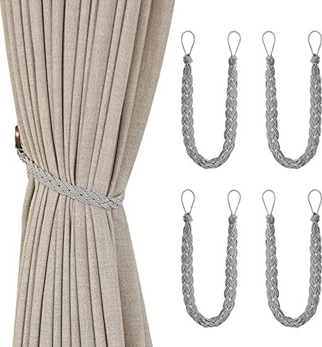 Vankra Vorhang-Raffhalter, handgestrickte Vorhänge, gebundenes Seil für Fenstervorhang-Zubehör (4 Stück, grau, Polyester, Schwarz)