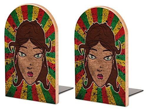 Packung Mit 2 Buchstützen Rasta-Mädchen-Kopf Rutschfester Bücherständer Aus Holz Bücherregal Bücherhalter Für Home Desk Office Library