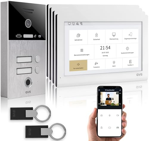 GVS - IP Video Türsprechanlage 2-Familienhaus mit Türöffner (RFID & Fingerprint), HD Kamera, 4X 10 Zoll Monitor & App - Smarte Video Türklingel mit Kamera & Gegensprechanlage (AVS5434A)
