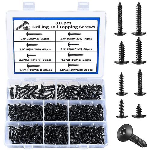 Jttxiu Set de 310 Vis Autoforeuses Torx, Vis Tôle avec Rondelle, Assortiment de Vis à Tête Plate pour Carrosserie, Vis à Bois, Ensemble de Vis Torx pour Meubles et Cloisons Sèches (Noir)