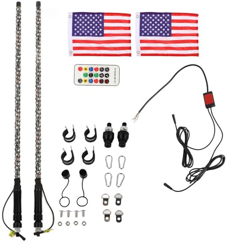 Fockety 2 Pcs 3FT LED Whip Lights, RGB Chasing Dancing Light Waterproof Off Roaded Flagpole RGB Light with Remote Control Flag, 300 Flash Patterns Spiral Whip Light for UTV ATV