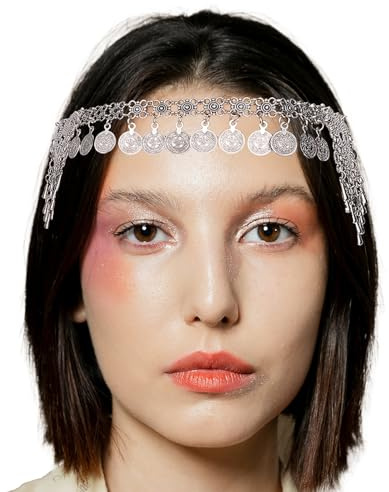 NICENEEDED Vintage Münzhaarkette, Boho Quaste Tribal Festival Kopfschmuck Haarschmuck, Antik Versilbertes Metall-Stirnband, Dekorativer Schmuck Für Frauen Und Mädchen Halloween