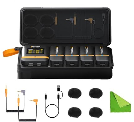 COMICA Vimo Q Four-channel Mini Wireless Lavalier Microphone System with 4 Transmitters and 1 Receiver with Charging Case for Phone Video Recording Interview Youtubers Vloggers