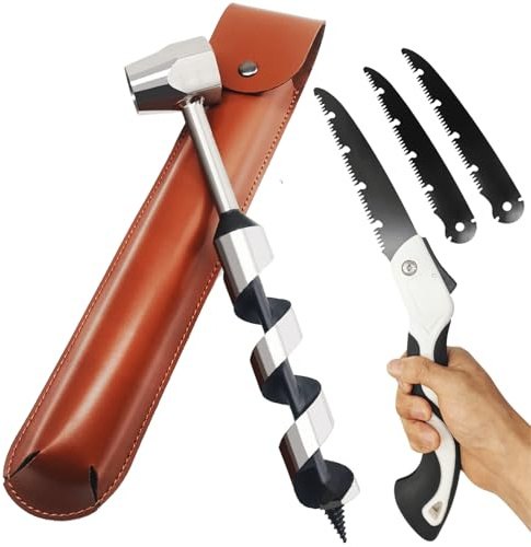 MinliGUY Hand Auger Wood Drill, Upgrade Welds Bushcraft Auger w/ Sharp Scottish Eye, Survival Tools for Bushcraft Projects/ Camping/Outdoors, 1*10inch Settlers Wrench & Folding Saw Kit, Bushcraft Gear