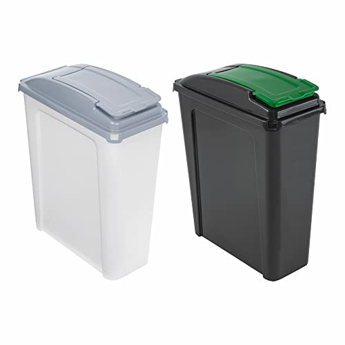 Set of 2- 25L Litre Recycle Bin Plastic Indoor/Outdoor Slimline Recycling Waste Bin With Flap Lid Kitchen Home Office Rubbish Bin Dustbin Refused Bins Pet Food Container (Clear/Cool Grey + Green)