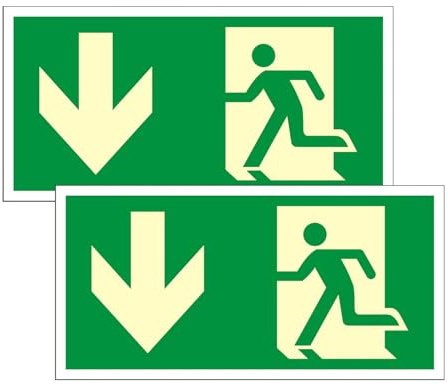 Luimode 2st Schild Notausgang | extra langnachleuchtend | PVC selbstklebend 300 * 150mm Protecticure Fluchtwegschild PVC Rettungszeichen/Rettungsschild/nachleuchtend (Pfeil unten)