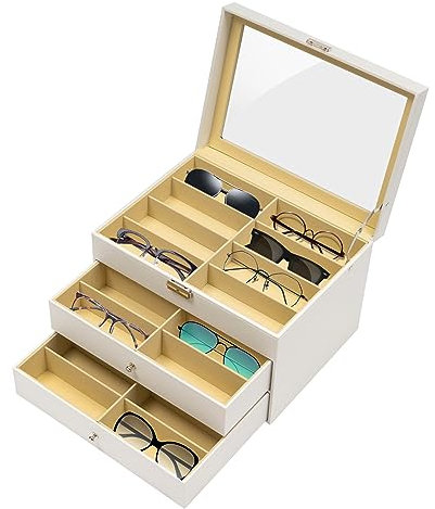 DeeDuud Brillenbox 24 Brillen, Brillen Aufbewahrungsbox mit Schloss und Schlüssel Klarer Deckel Flusenfutter Brillenaufbewahrung