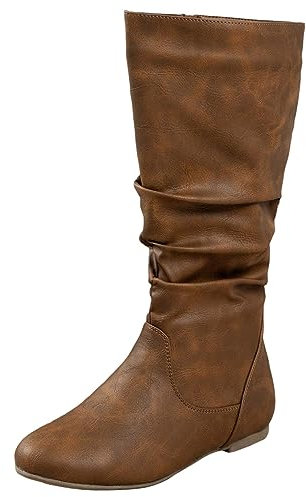 WKAYsIV Womens-Ladies-Buckle-Stretch-Boots Womens Cowboy Boots, Fold Over Pull On Chunky Heel Pointed Toe Embroidered Western Fashion Mid Calf Boots Sexy Heels 4.5 17.99