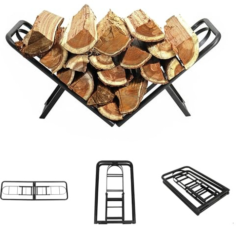 BiggerFire Firewood Rack, 2FT Foldable Firewood Rack for Fireplace Wood Storage, Log Holder Stand Steel Firewood Stand for Outdoor Indoor Fireplace（Black） 61 x28 x24 cm