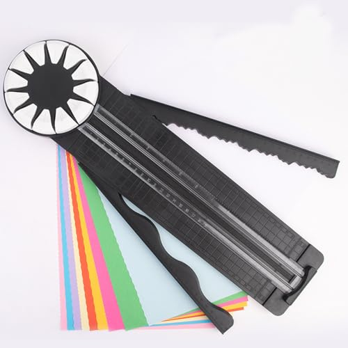 Hmfmdy Papierschneider, 12-in-1 Schneidemaschine Papier, Präzisions-Papierkantenschneider mit Messungen, Scheibe, gerade, gewellte Linie, vielseitiger Papierschneider für Fotos, Etikett - Schwarz