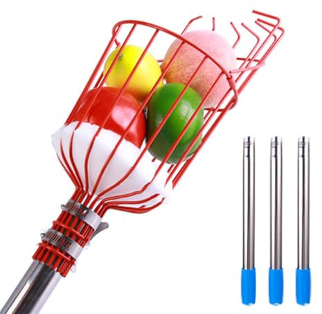 Fruit Picker Pole with Basket, Apple Picker with Protective Foam Pad, Stainless Steel Fruit Tree Picker for Apple, Pear, Lemon, Orange, Apricot(1.2m)