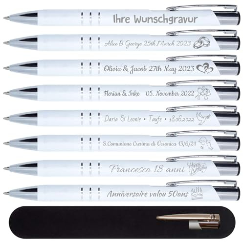 DECORS concept - 50x Kugelschreiber mit Gravur, Personalisierte Metall Kugelschreiber, Ideal als Gastgeschenke Hochzeit, Kommunionen, Geburtstage, oder als Werbegeschenke für Firmen (Weiß)
