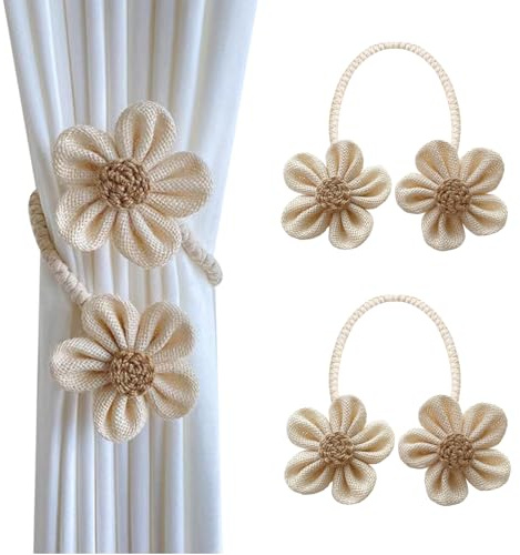 BSITSSS 2 Stück Vorhang Raffhalter, Blumen-Styling Raffhalter für Vorhänge, Niedlich Raffhalter für Gardinen, Boho Gardinenhalter, Vorhang Halter für Haus, Büro, Wohnzimmer, Fenster Dekoration Beige