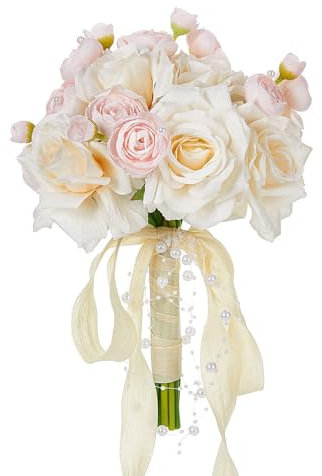 Mokylor Hochzeit Brautstrauß, 11 Zoll Künstliche Pfingstrosen Rosen Brautstrauß mit Bandgriff und Schleife Handgebundener Brautjungfernstrauß Wurfstrauß mit Perle für die (A)