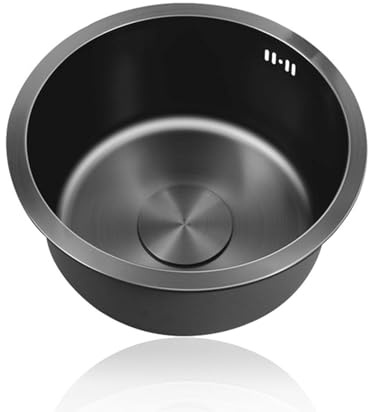 Lavello Cucina 1 Vasca Nero Lavandino Cucina Piccolo Lavabo Cucina In Acciaio Inox,Lavabo Tondo con Set Di Drenaggio,Installazione Appoggio o Sottopiano (Ø 36cm)