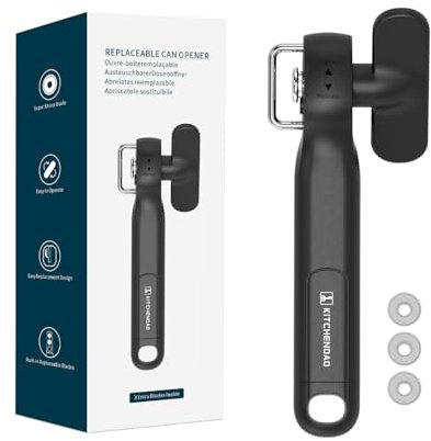 KITCHENDAO Replaceable Can Opener with 3 Extra Blades, Smooth Edge Manual Side Cut, Safe Cut Can Opener, No Sharp Edges Handheld Tin Opener with Super Sharp Replaceable Blade, Black