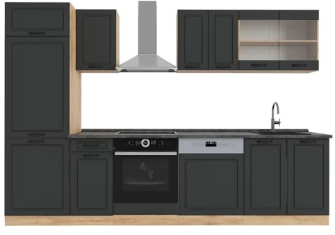 Vicco Küchenzeile R-Line, Anthrazit Landhaus/Goldkraft Eiche, 300 cm | 8 Module · Höhenverstellbare Füße · Ohne Arbeitsplatte · MDF-Fronten · Mit Kühlschrankumbauschrank · Frei kombinierbar