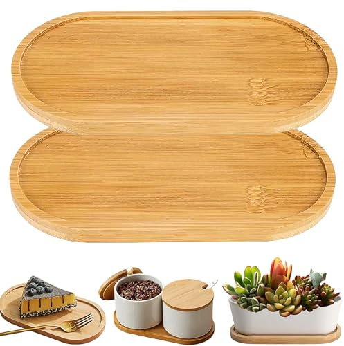 Plateau en Bambou,2 Pièces Plateaux Ovales en Bambou Plateau de Rangement Petit Décoratif de Service Bois pour Nourriture,Tasses,Bijoux,Pots de Fleurs,Café,Biscuit 17,5 x 8,8 cm