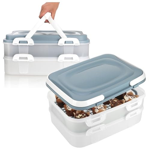 com-four® 2x Partycontainer mit je 2 Etagen und Hebeeinsatz - Kuchen-Transportbox - Lebensmittel-Frischebox - Kuchencontainer mit Tragegriffen - Muffinbehälter (2 Stück pastell blau-grau)