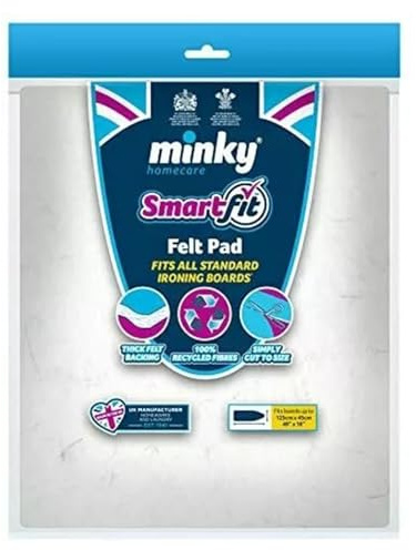Minky Smart Fit Ironing Board Cover – Thick Felt Pad, 100% Recycled Fibers, Cut to Size for a, Smooth Ironing Surface, Fits Boards Up to 125 x 45cm, Made in UK White - 1 Pack