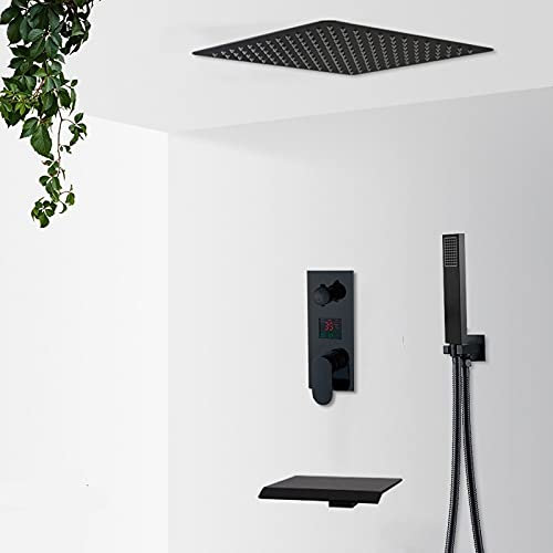Handheld showerMatte Black Rain Waterfall Shower Faucets Kit LCD Digital Display Shower System Set Bathroom 2/3 Way Shower Mixer 3 Way 16 Inch Waterfall B