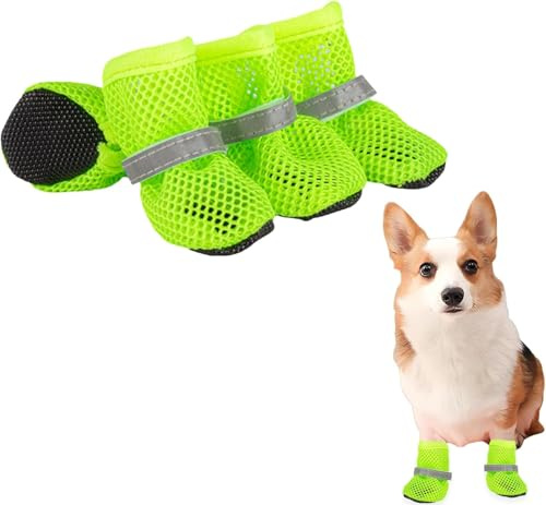 Sommer Mesh Hunde Schuhe 4 Stück Atmungsaktive Pfotenschutz Hundeschuhe Anti-Rutsch Hundeschuhe für heiße Sommerböden, Sommer Pfotenschutz Verstellbarem fürkleine Hunde (Grün, M)