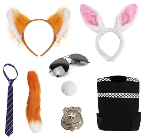 Costume per adulti per coppie di animali da città, standard - gilet della polizia, distintivo della polizia, orecchie e coda da coniglio, orecchie e coda di volpe, cravatta a righe blu e beige, set