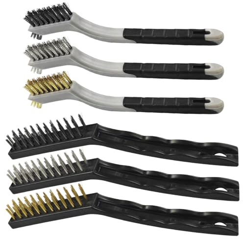 6PCS Wire Brush Set – Brass, Stainless Steel & Nylon Bristles Scrub Brush for Cleaning Rust, Welding Slag and Paint Removal – Curved Handle Small Metal Cleaning Brushes for Car Detailing Home (Style1)
