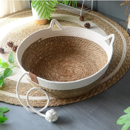 Katzenbett Katzenkorb aus Rattan, Rund Katzenkorb mit Katzen Spielzeug, Katzenkörbchen zum Schlafen für Alle Katze, Waschbar Langlebig Katzenbett Katzenhöhle, All Season Universal (Weiß, 42 cm)