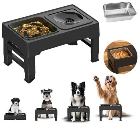 KATLKIU Gamelle Surélevée pour Chien avec 4 Hauteurs Réglables, 1x1600ml Cuenco en Acier Inoxydable et Gamelle Anti Éclaboussure, Récipient Slow Feed pour Chiens Petits, Moyens et Grands