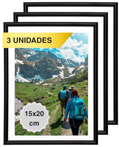 MARCOFOTO Set de 3 Marcos para Fotos 15x20 cm PVC Negro - Ideal para Títulos Universitarios, Pósters, Fotografías, Rompecabezas y Documentos